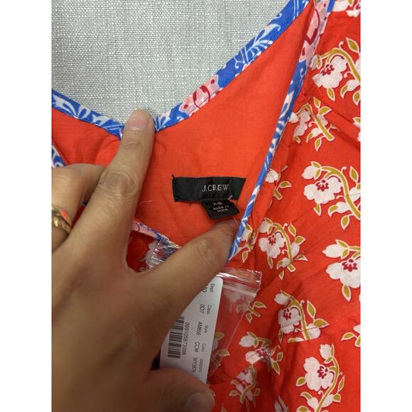 New J Crew Size XS Ruffle V Neck Top Cotton Classic Block Print Orange - Picture 4 of 7